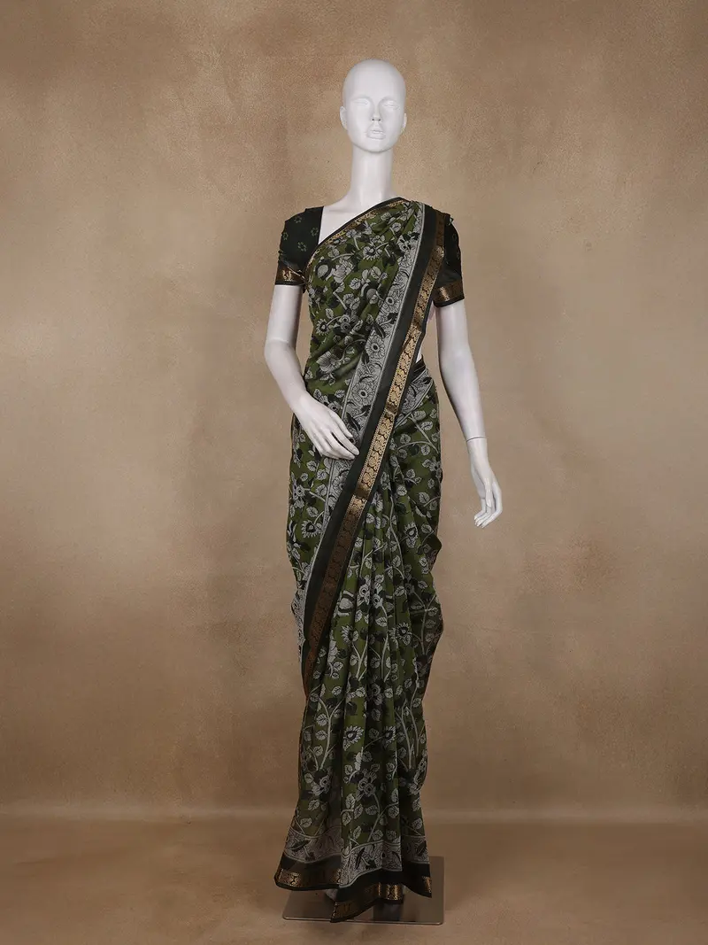 Olive Green Floral Printed Design Chanderi Cotton Saree With Contrast Zari Border 1
