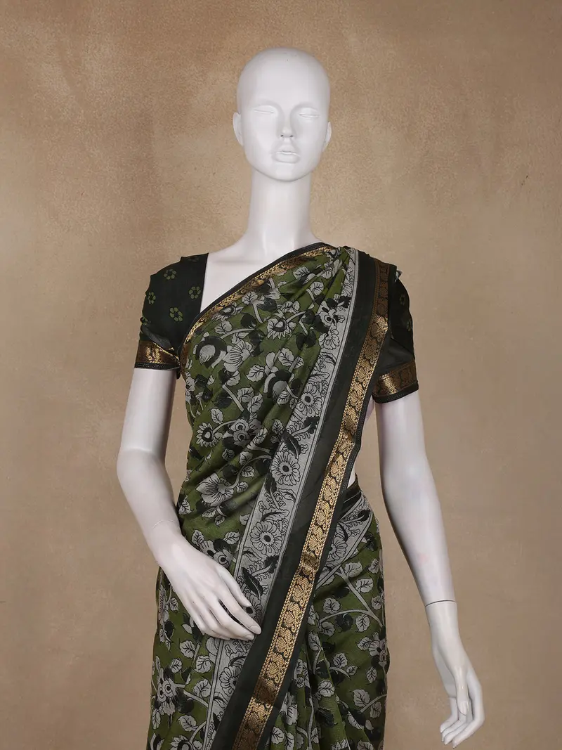 Olive Green Floral Printed Design Chanderi Cotton Saree With Contrast Zari Border 2