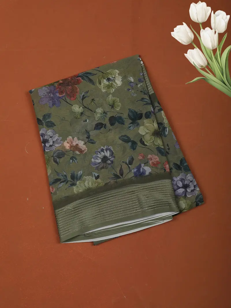 Olive Green Floral Printed Design Chiffon Casual Saree With Striped Border 1