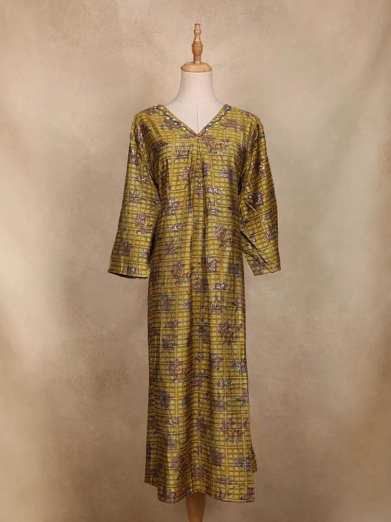 Olive Green Floral Printed Design Cotton Kurti 1
