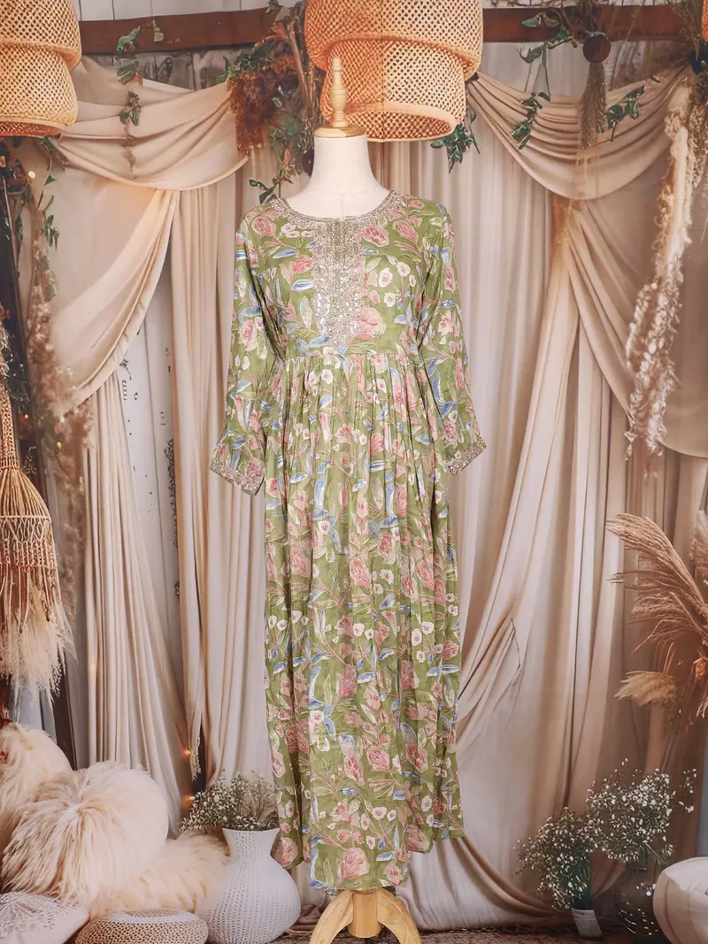 Olive Green Floral Printed Design Cotton Maxi Kurti 1