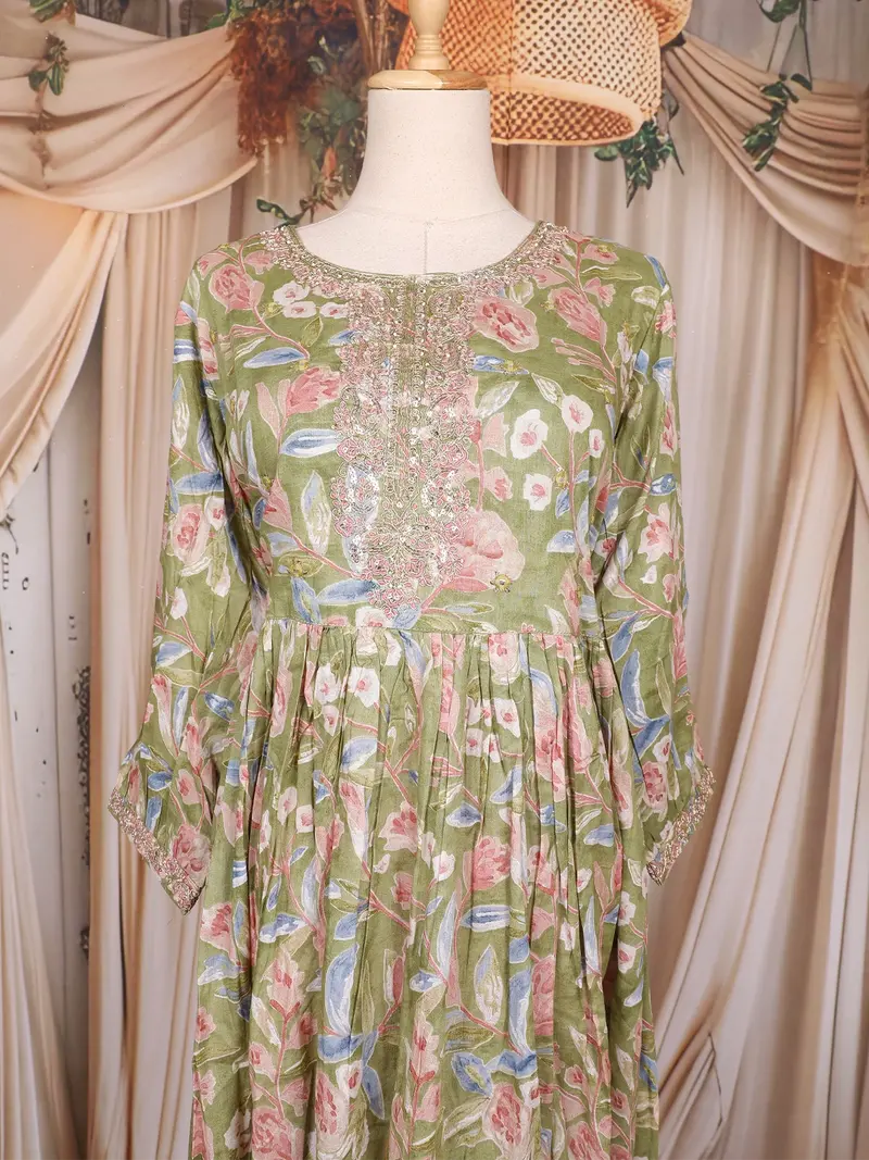 Olive Green Floral Printed Design Cotton Maxi Kurti 2
