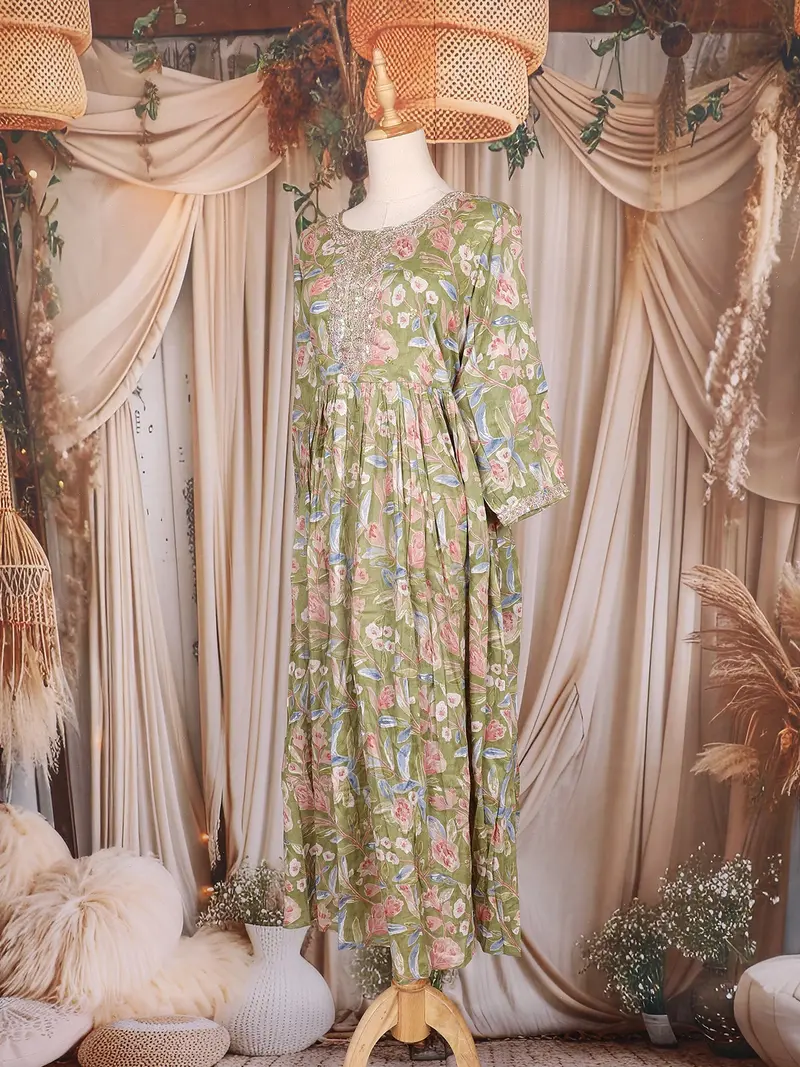 Olive Green Floral Printed Design Cotton Maxi Kurti 3