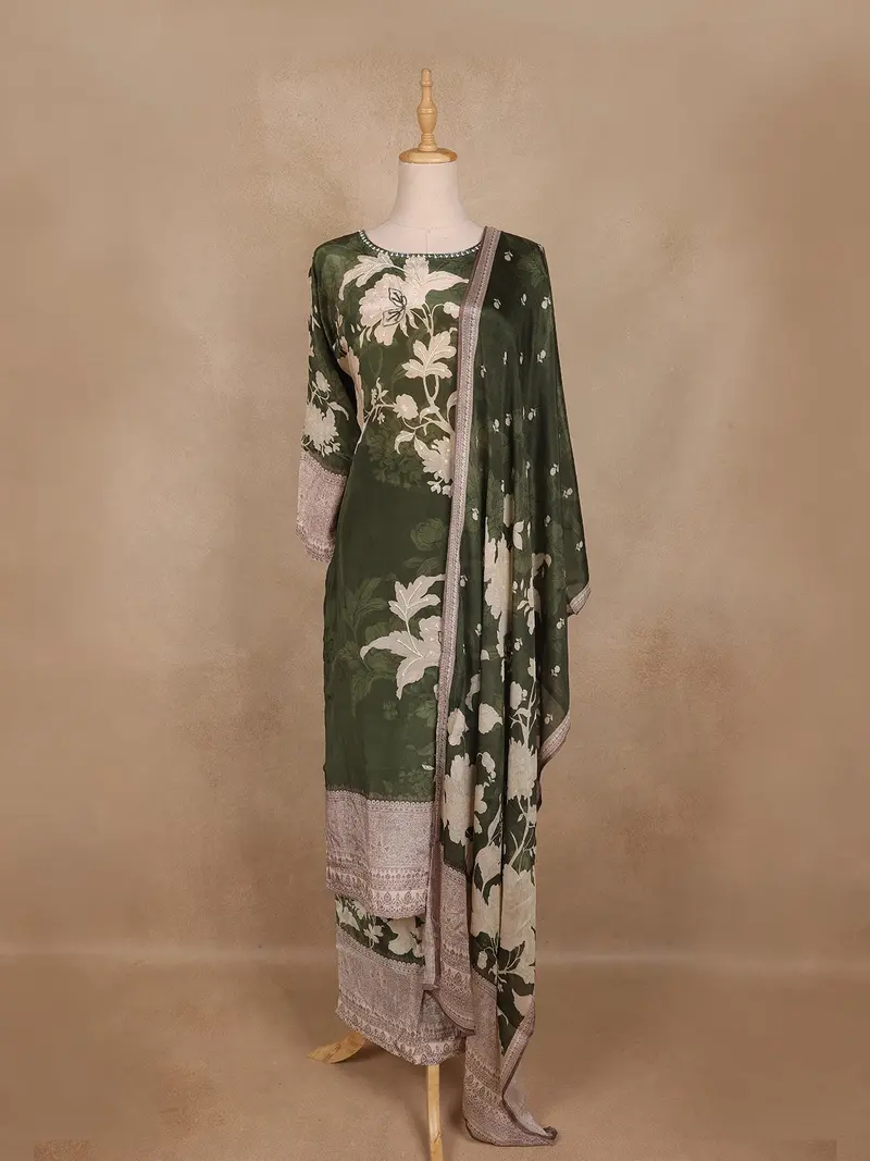 Olive Green Floral Printed Design Cotton Straight Cut Salwar Suit 1