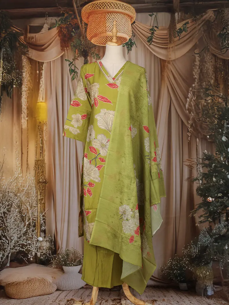 Olive Green Floral Printed Design Cotton Straight Cut Salwar Suit 1