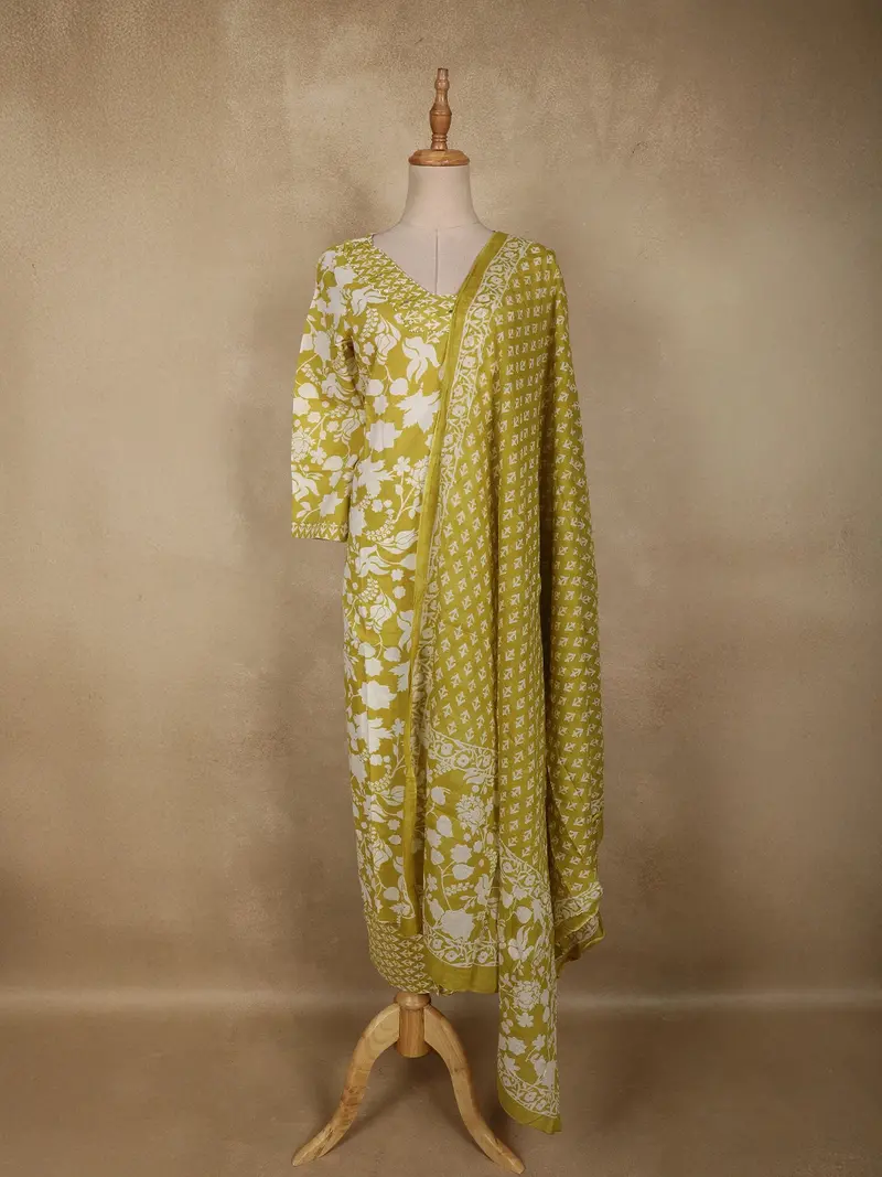 Olive Green Floral Printed Design Cotton Straight Cut Salwar Suit With Dupatta 1