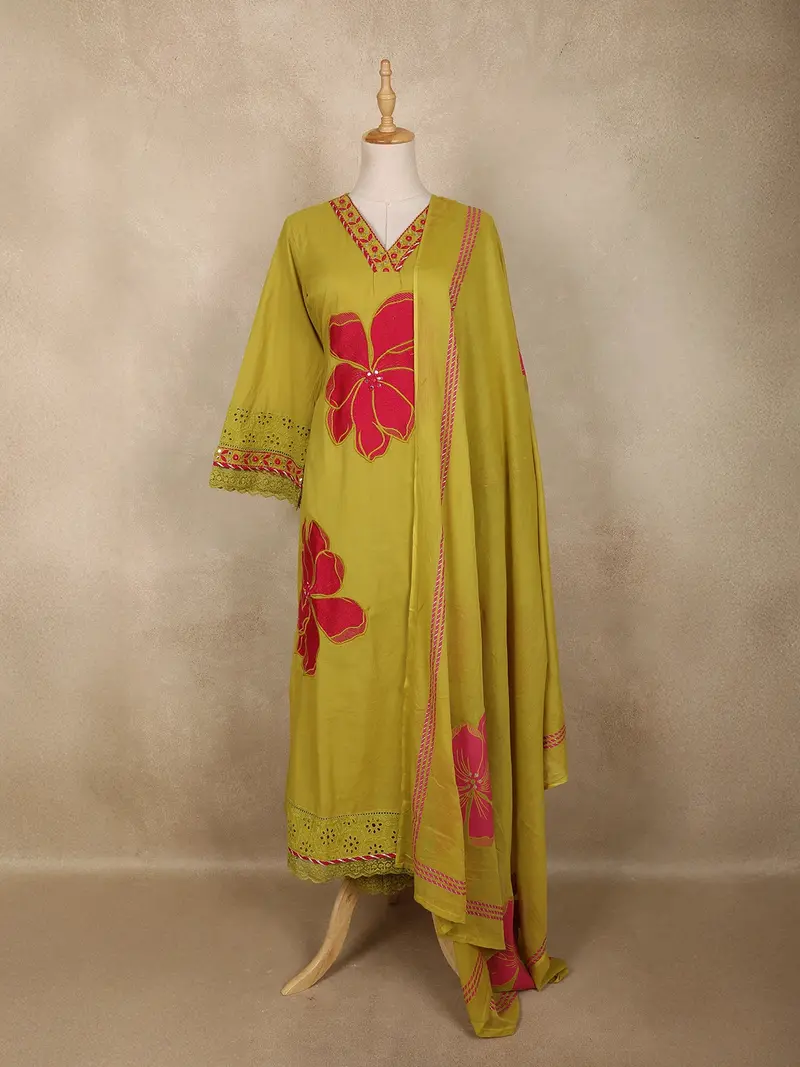 Olive Green  Floral Printed Design Cotton Straight Cut Salwar Suit With Dupatta 1