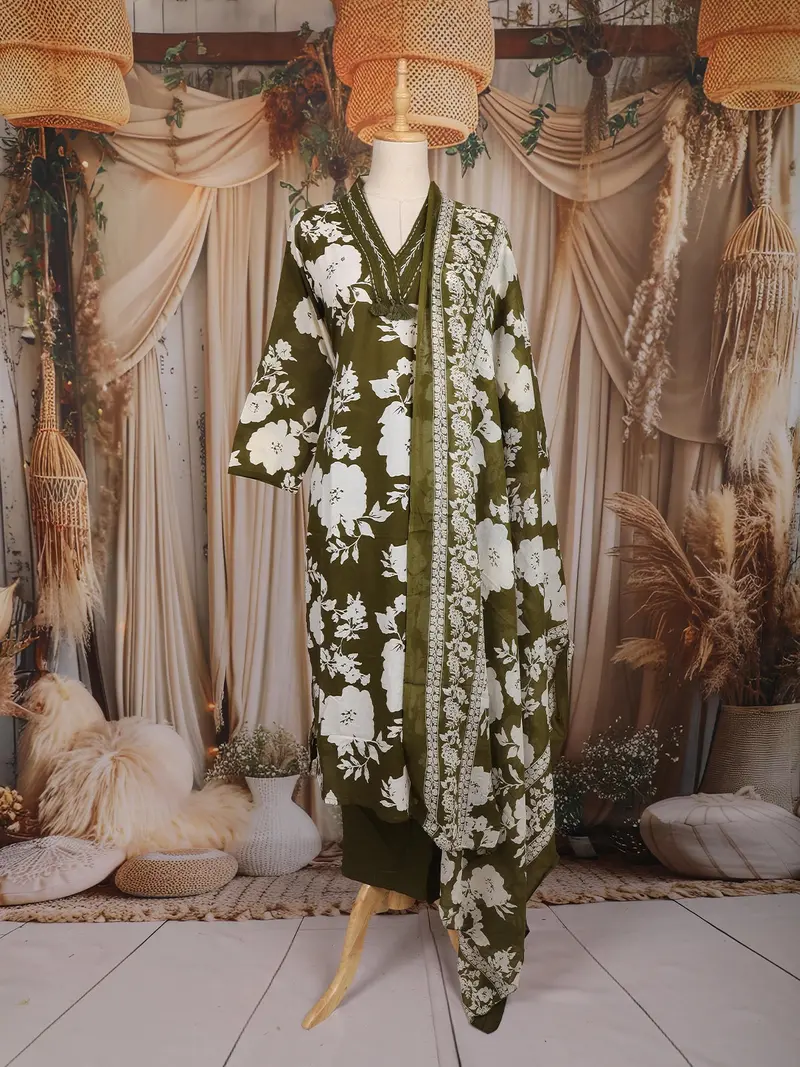 Olive Green Floral Printed Design Cotton Straight Cut Salwar Suit With Dupatta 1