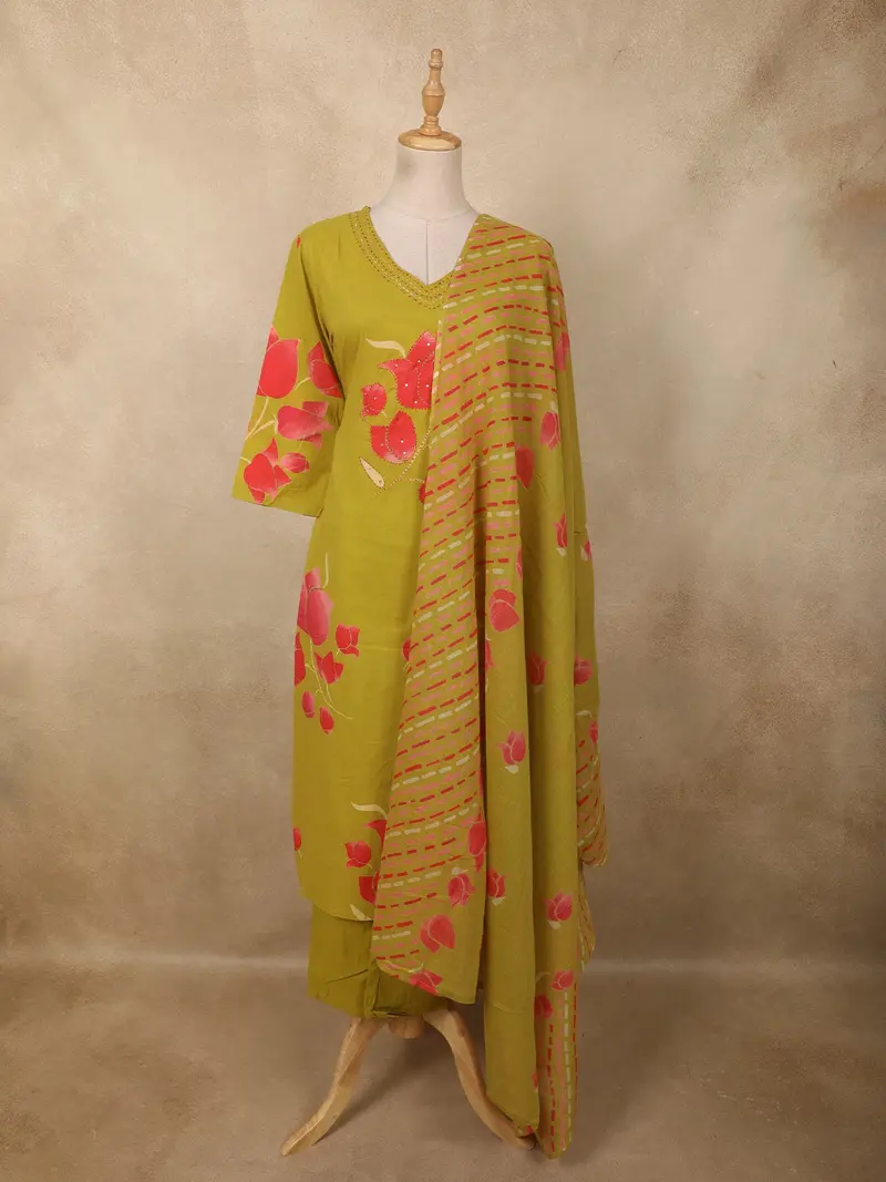 Olive Green Floral Printed Design Cotton Straight Cut Salwar Suit With Dupatta 1