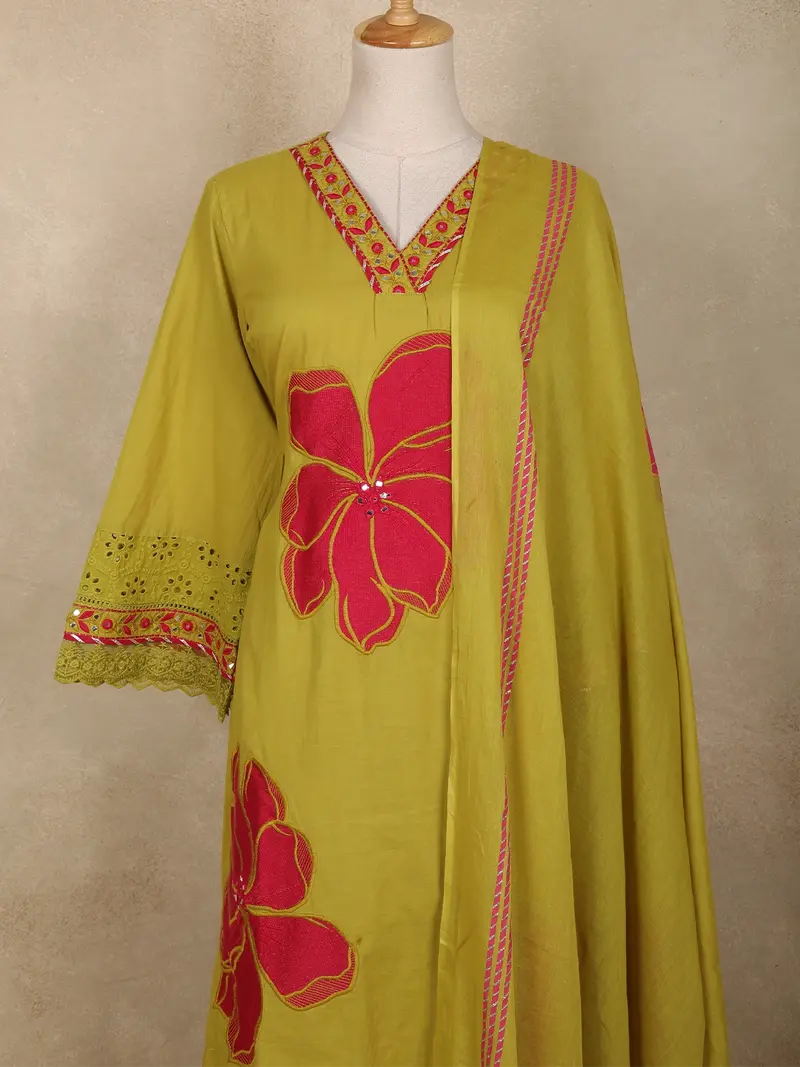 Olive Green Floral Printed Design Cotton Straight Cut Salwar Suit With Dupatta 2