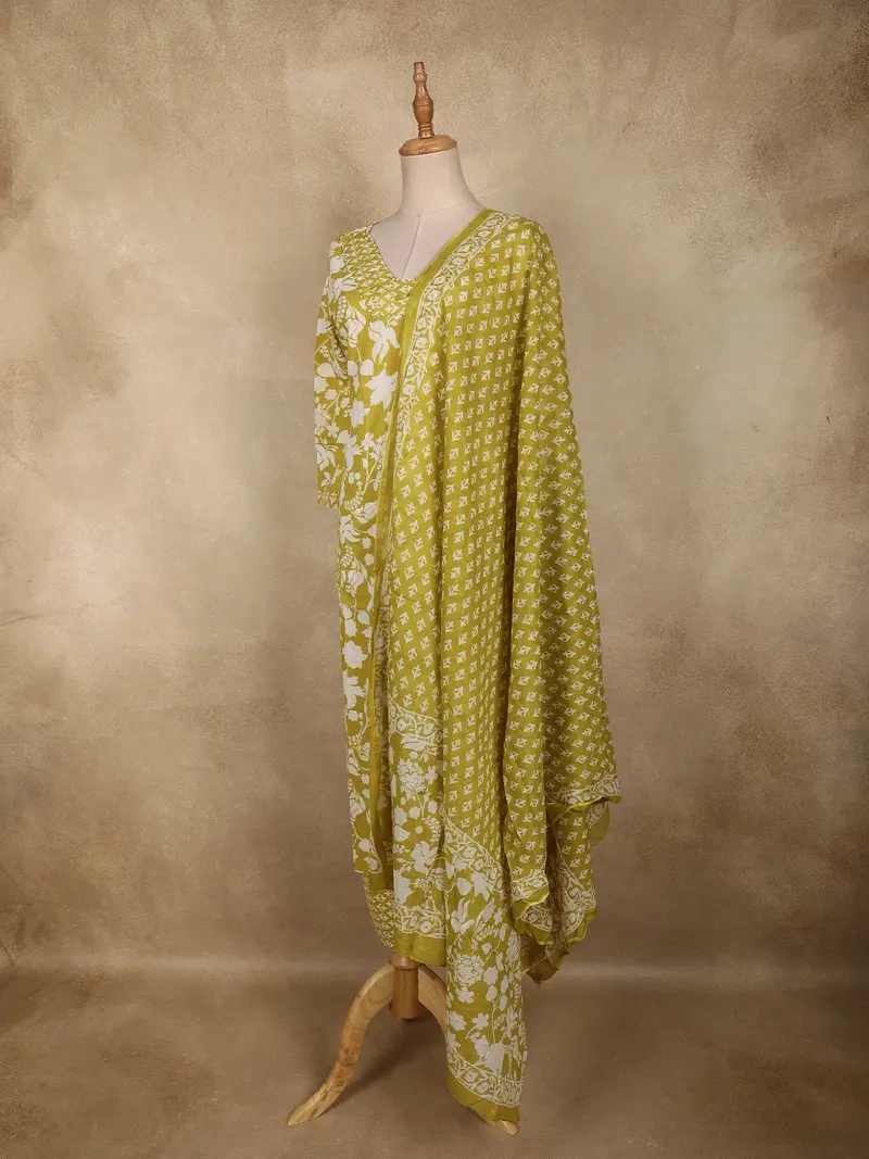 Olive Green Floral Printed Design Cotton Straight Cut Salwar Suit With Dupatta 3
