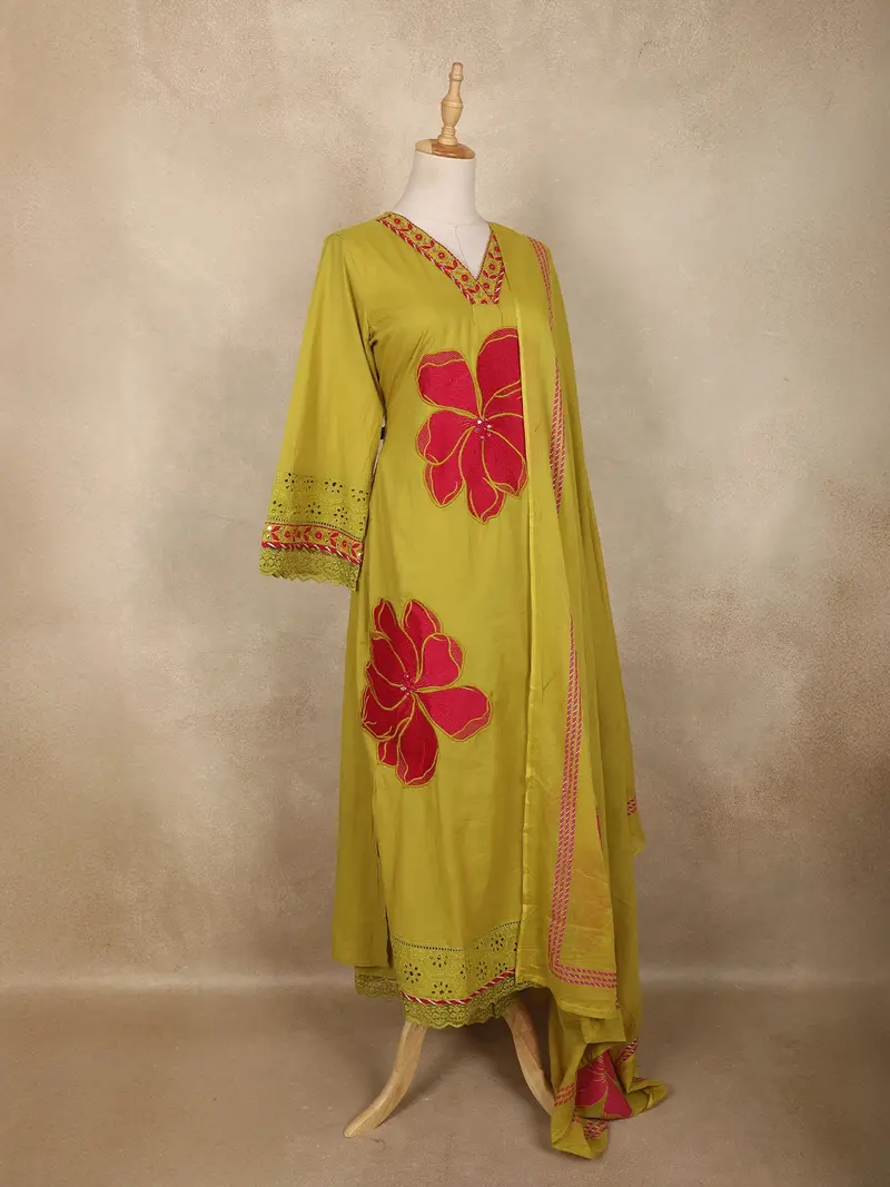 Olive Green Floral Printed Design Cotton Straight Cut Salwar Suit With Dupatta 4