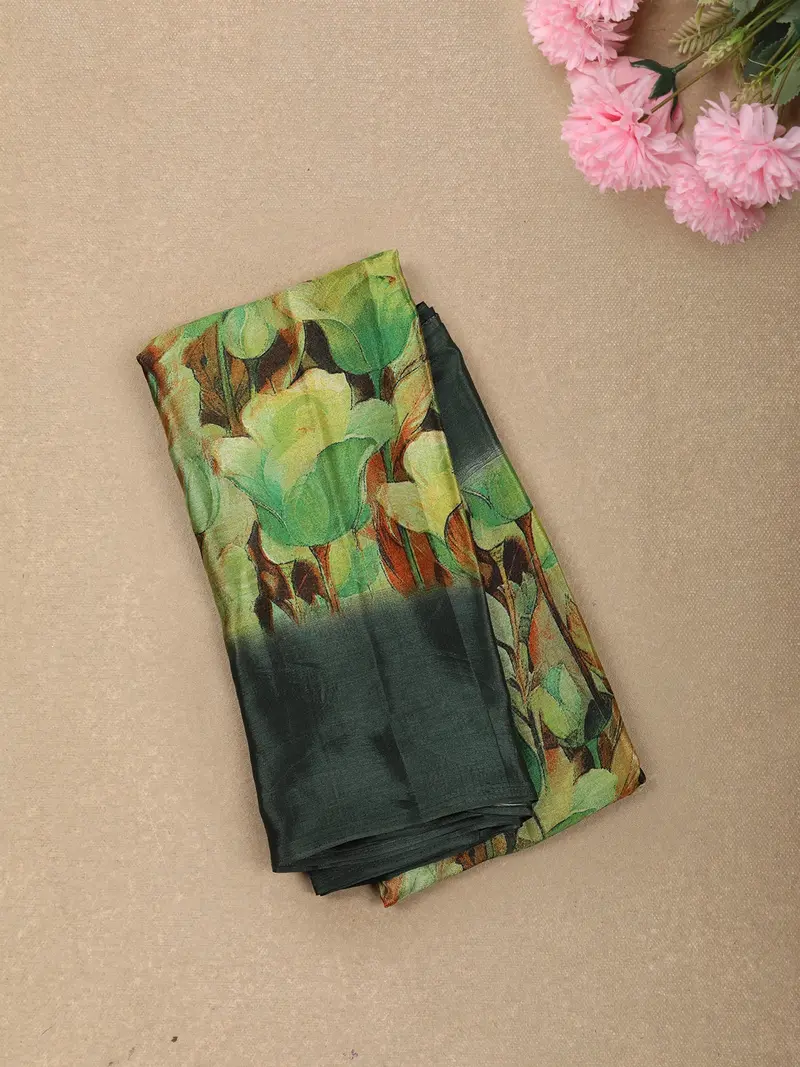 Olive Green Floral Printed Design Crepe Silk Casual Wear Saree 1