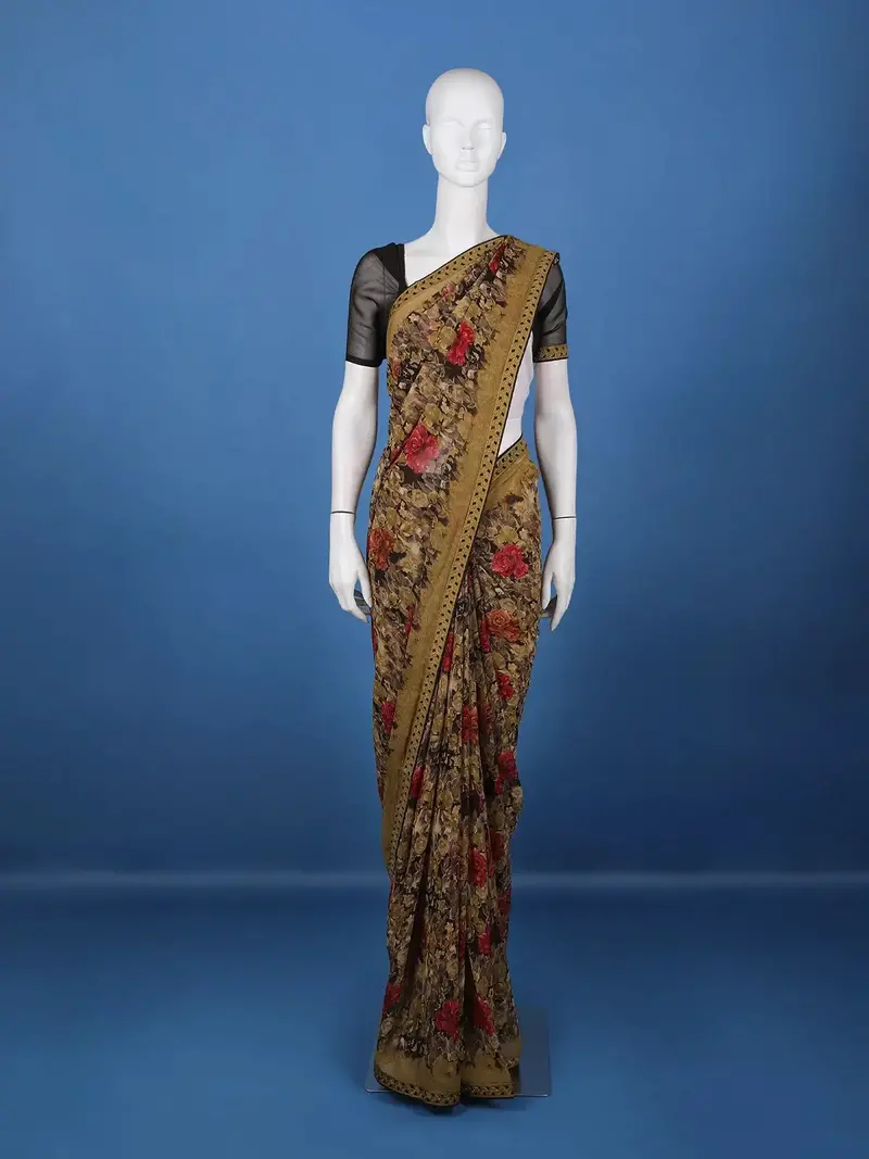 Olive Green Floral Printed Design Georgette Saree 1