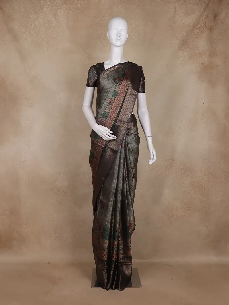 Olive Green Floral Printed Design Mixed Cotton Fancy Saree With Zari Border 1