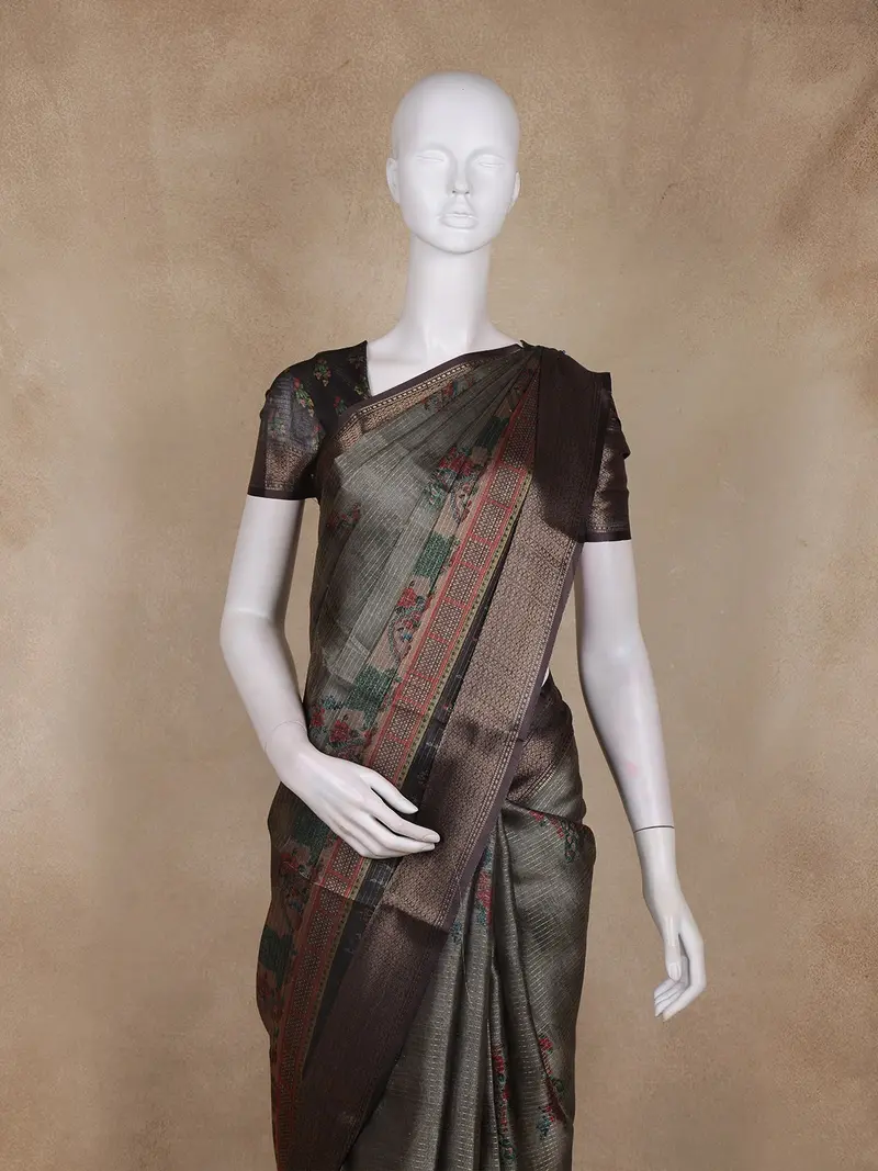 Olive Green Floral Printed Design Mixed Cotton Fancy Saree With Zari Border 2