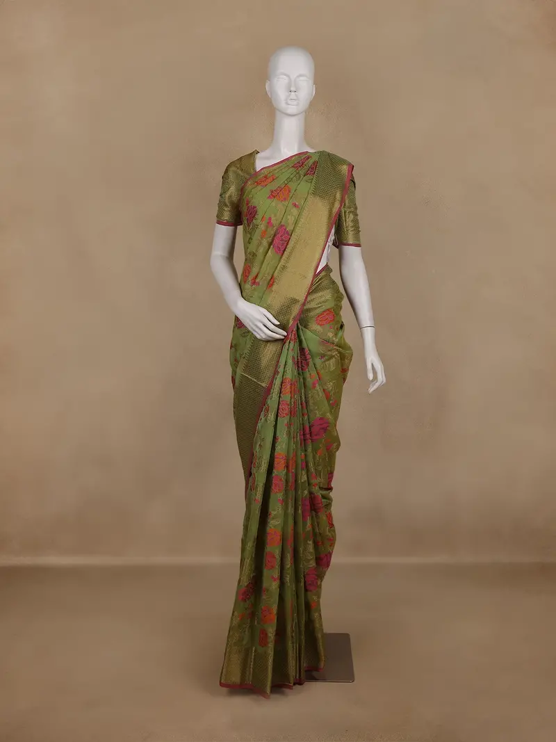 Olive Green Floral Printed Design Silk Saree 1
