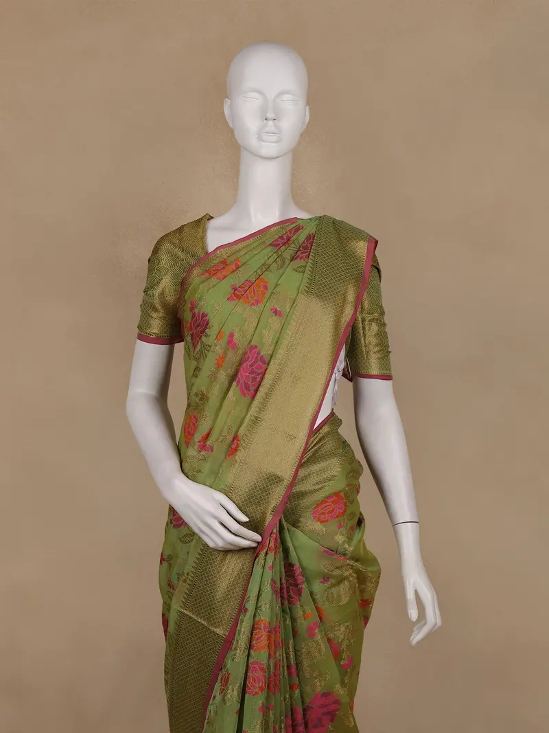 Olive Green Floral Printed Design Silk Saree 2