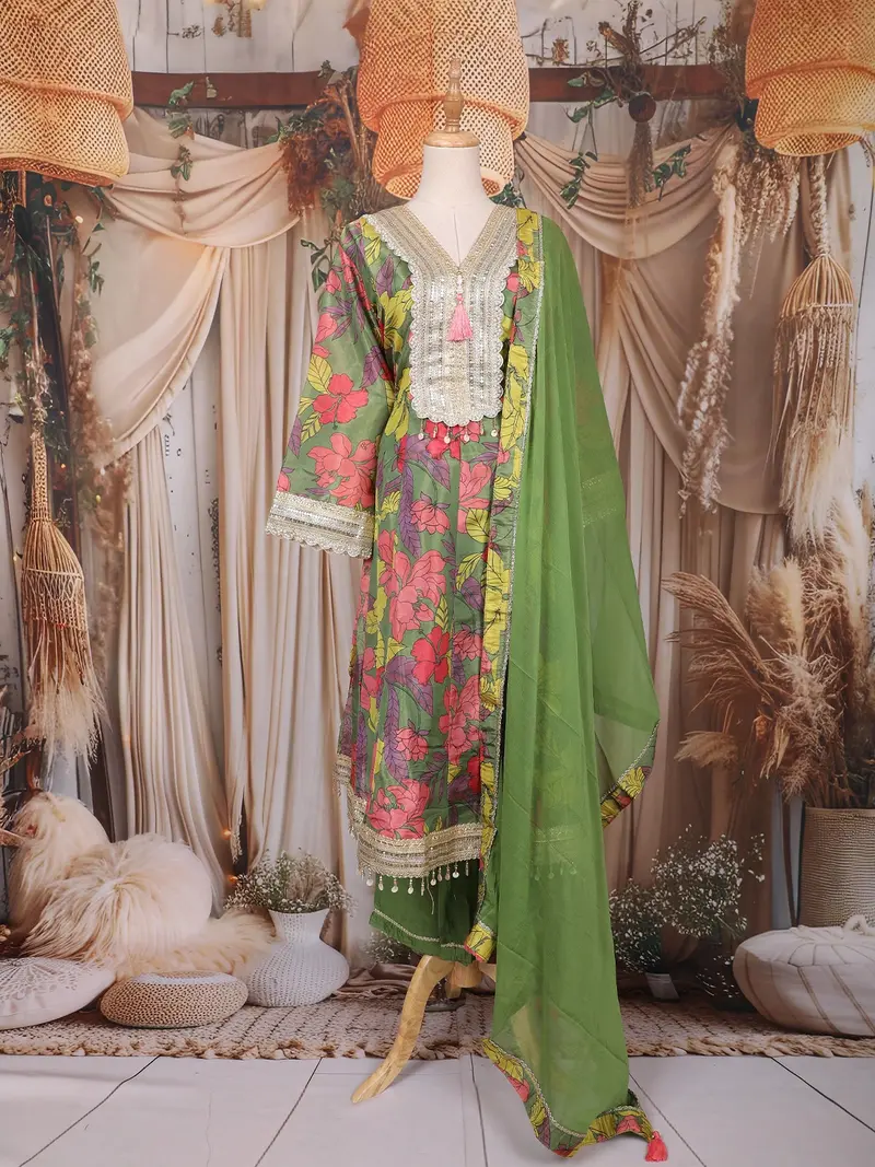 Olive Green Floral Printed Design Tissue Silk Anarkali Salwar Suit 1