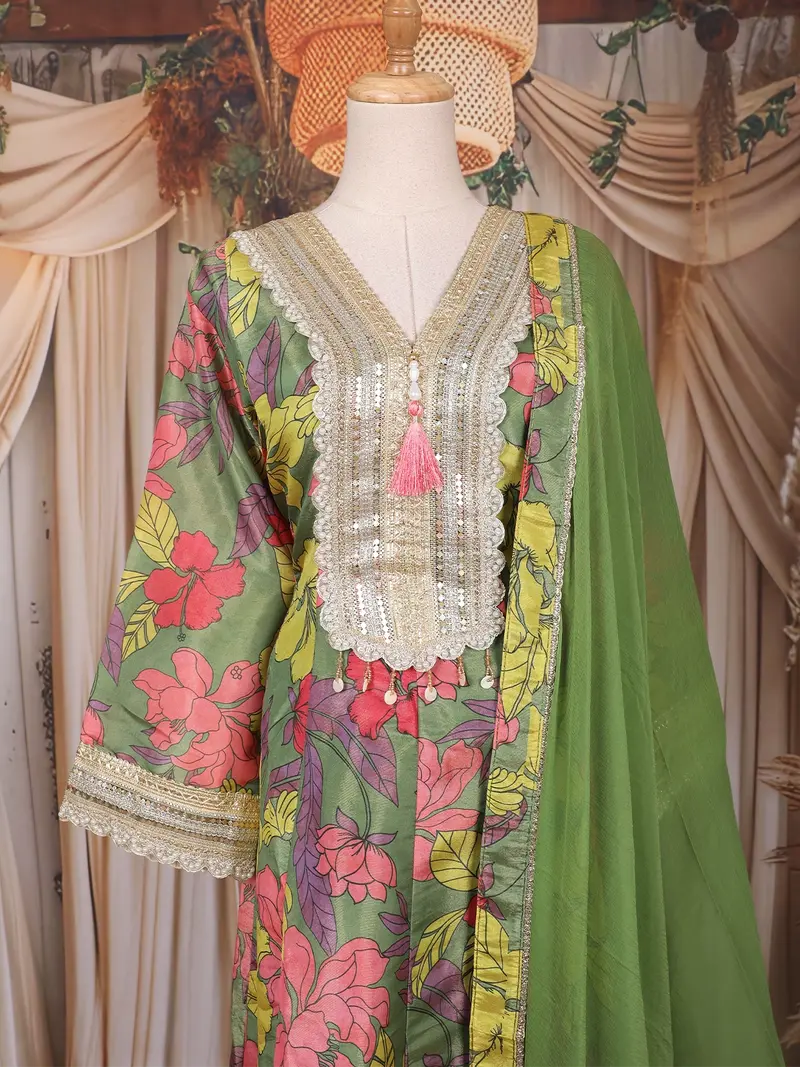 Olive Green Floral Printed Design Tissue Silk Anarkali Salwar Suit 2