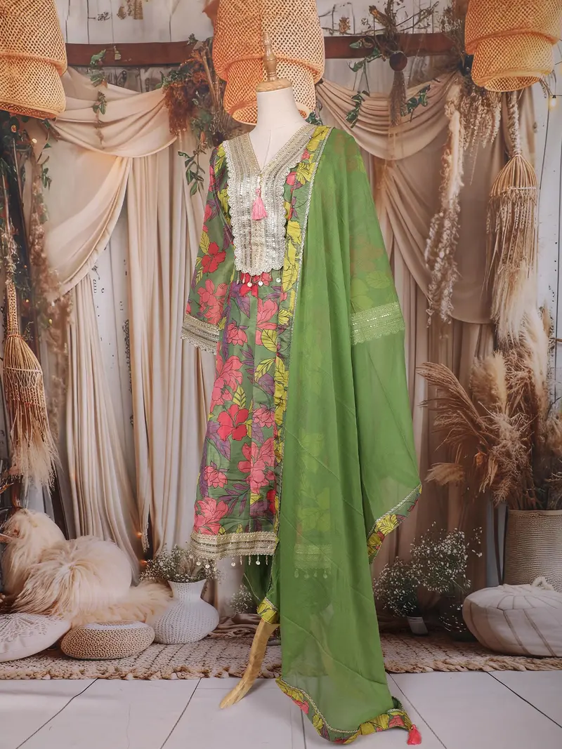 Olive Green Floral Printed Design Tissue Silk Anarkali Salwar Suit 3