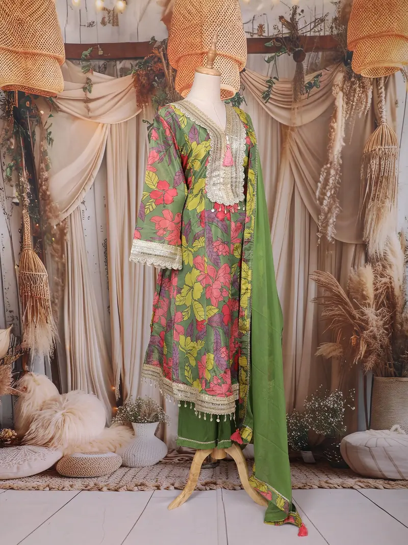 Olive Green Floral Printed Design Tissue Silk Anarkali Salwar Suit 4