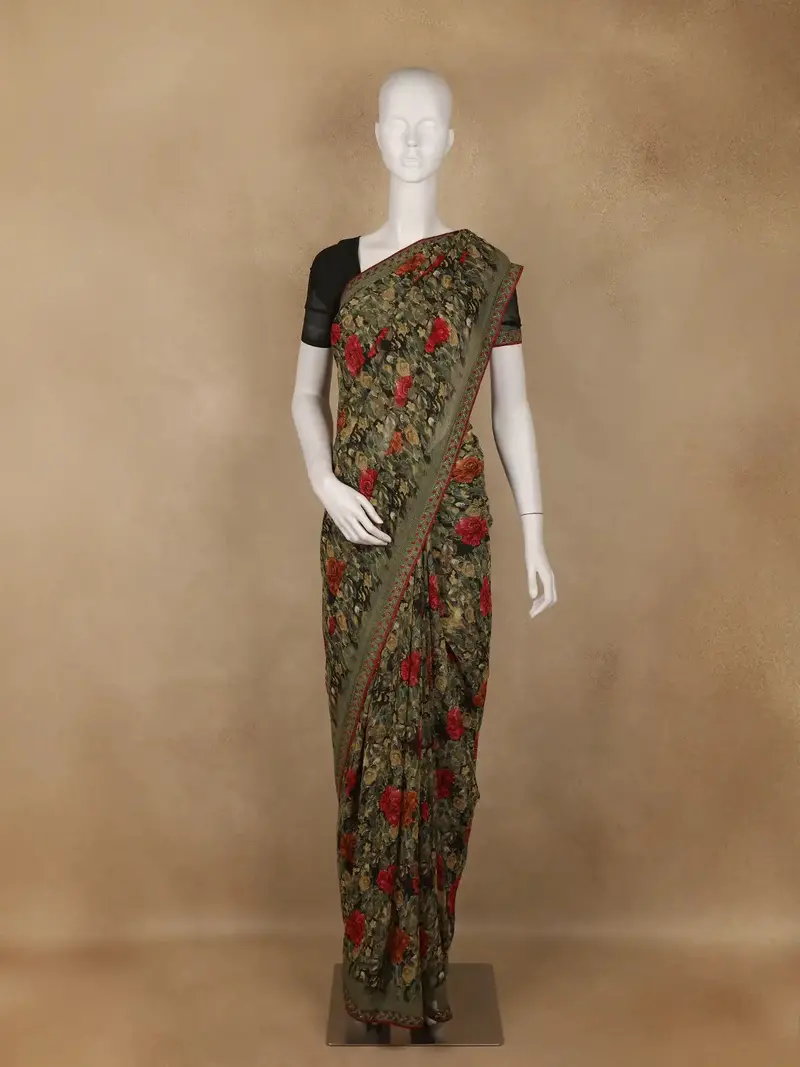 Olive Green Floral Printed Georgette Saree 1