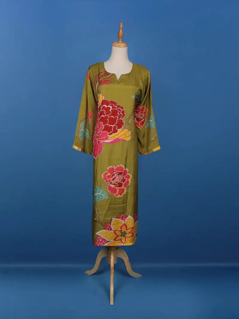 Olive Green Floral Printed Semi Silk Kurti 1
