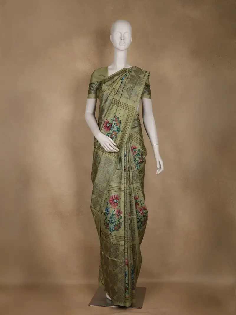 Olive Green Floral Printed Semi Tussar Silk Saree 1