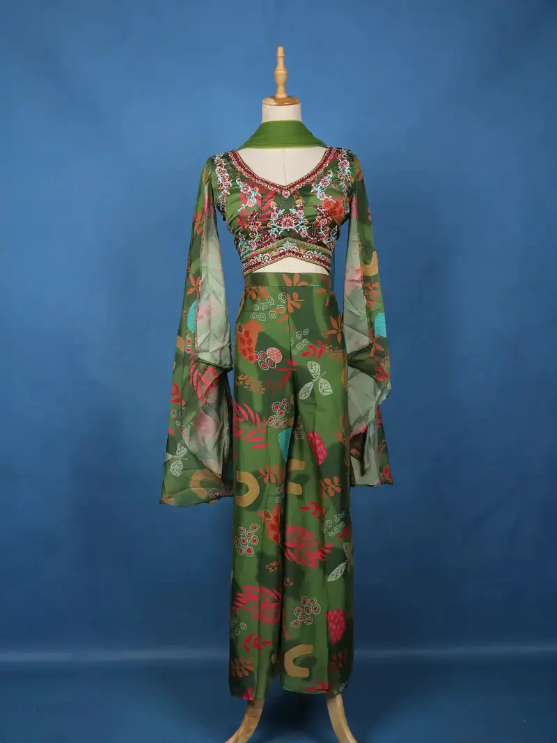Olive Green Floral Printed Synthetic Palazzo Suit With Embroidered Crop Top 1