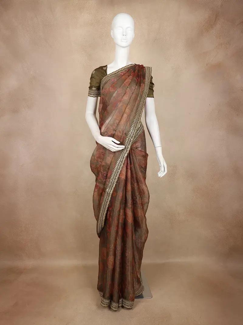 Olive Green Floral Printed Tissue Organza Saree With Sequins Embroidered Border 1
