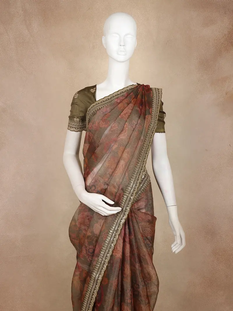 Olive Green Floral Printed Tissue Organza Saree With Sequins Embroidered Border 2
