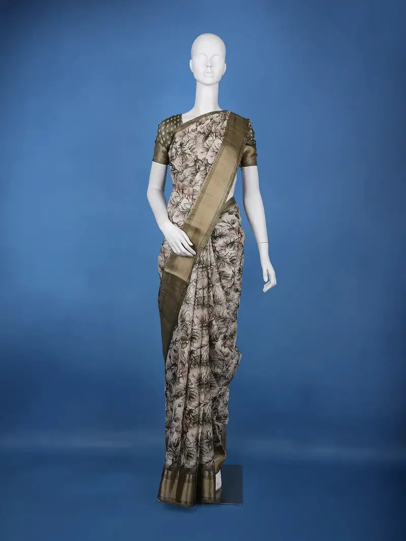 Olive Green Floral Printed Tissue Saree 1