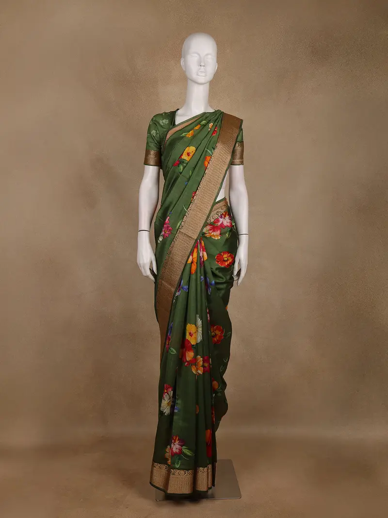 Olive Green Floral Printed Tussar Silk Saree 1