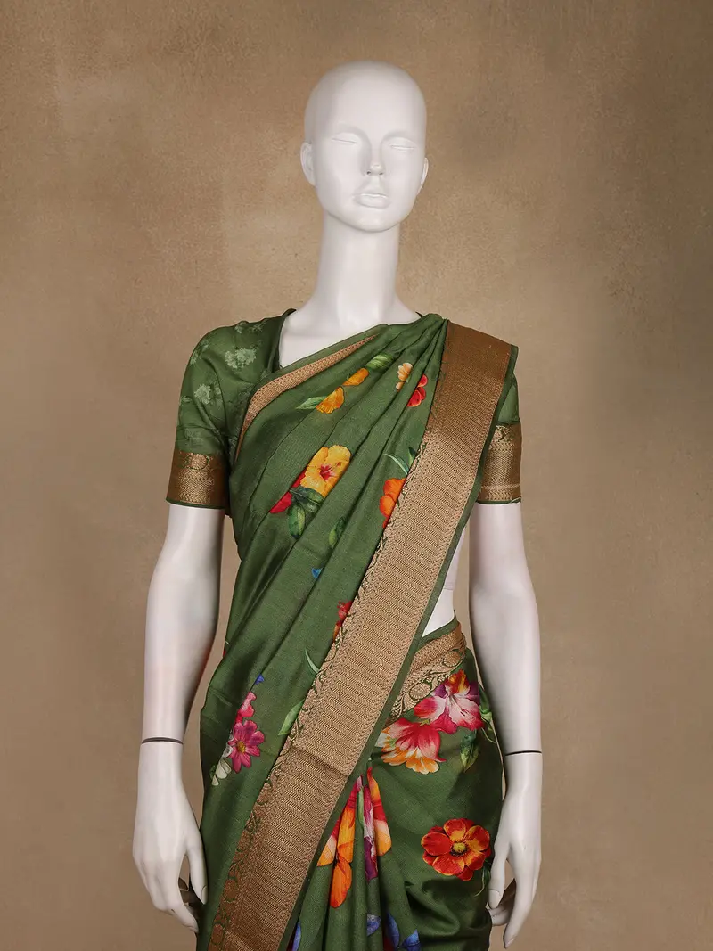 Olive Green Floral Printed Tussar Silk Saree 2