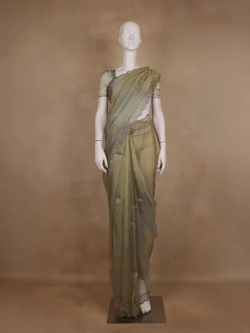 Olive Green Floral Sequin And Bead Embroidery Organza Saree 1