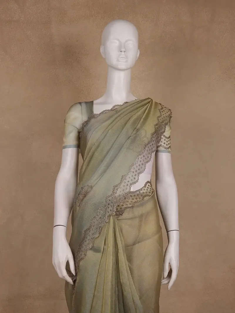 Olive Green Floral Sequin And Bead Embroidery Organza Saree 2