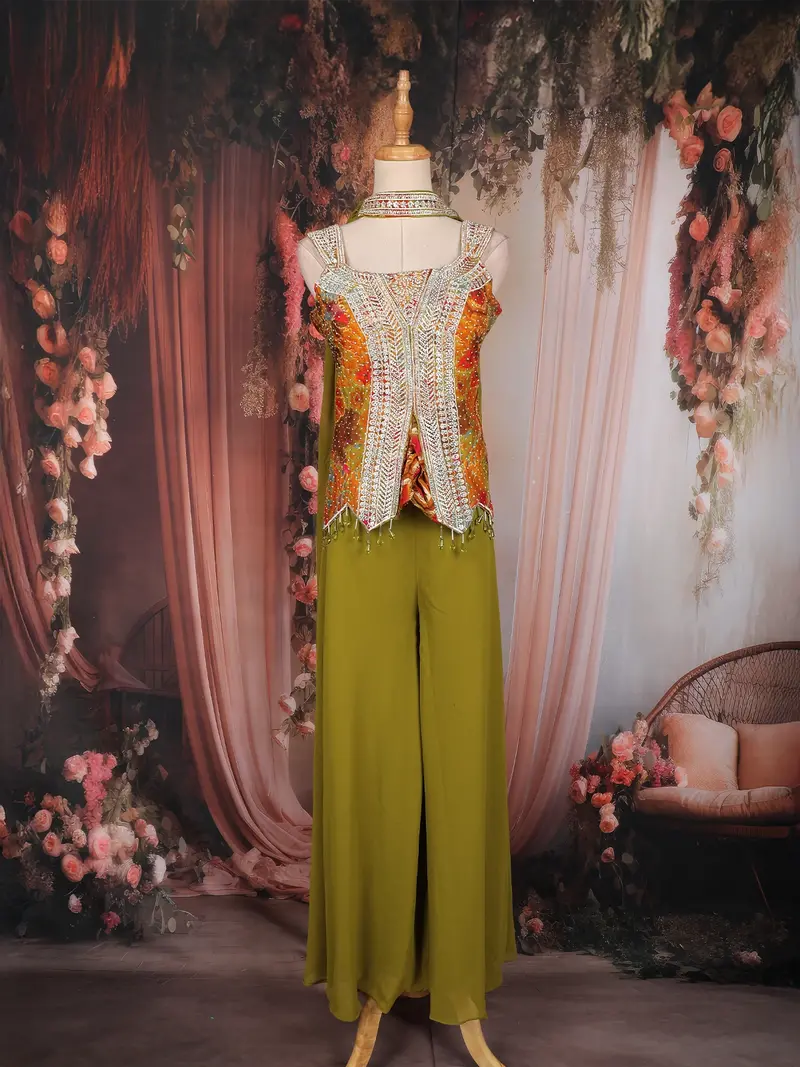 Olive Green Floral Sequins And Beads Embroidered Design Indo Western Palazzo Set With Dupatta 1