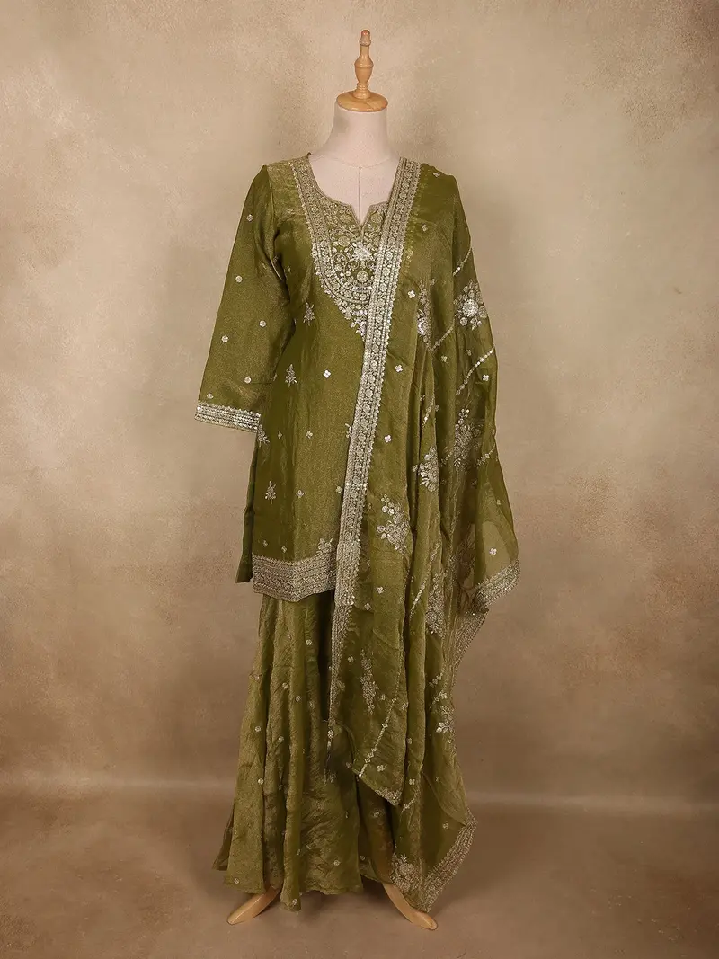 Olive Green Floral Sequins And Zari Embroidered Design Tissue Organza Sharara Suit With Dupatta 1