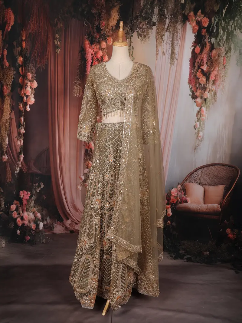 Olive Green Floral Sequins Embroidered Design Net Lehenga With Dupatta 1