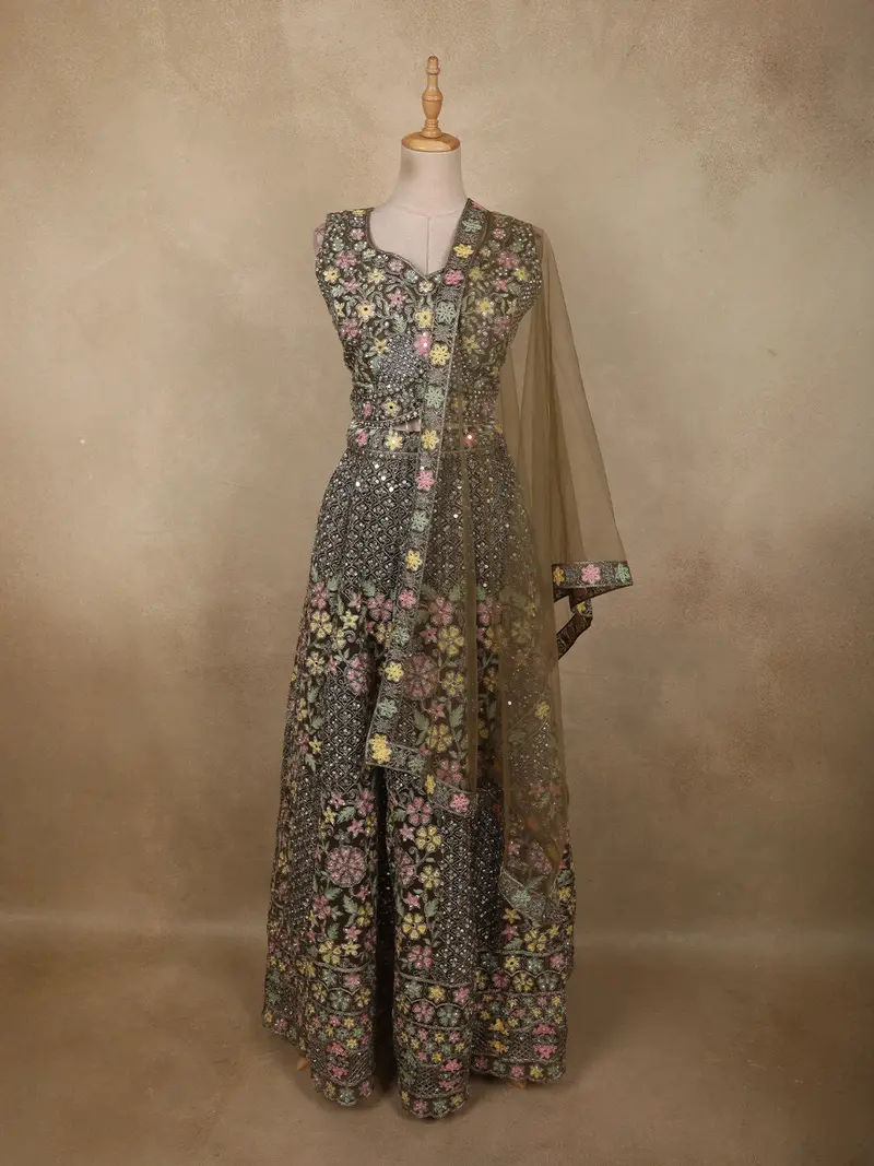 Olive Green Floral Thread And Beads Embroidered Design Net Lehenga With Dupatta 1