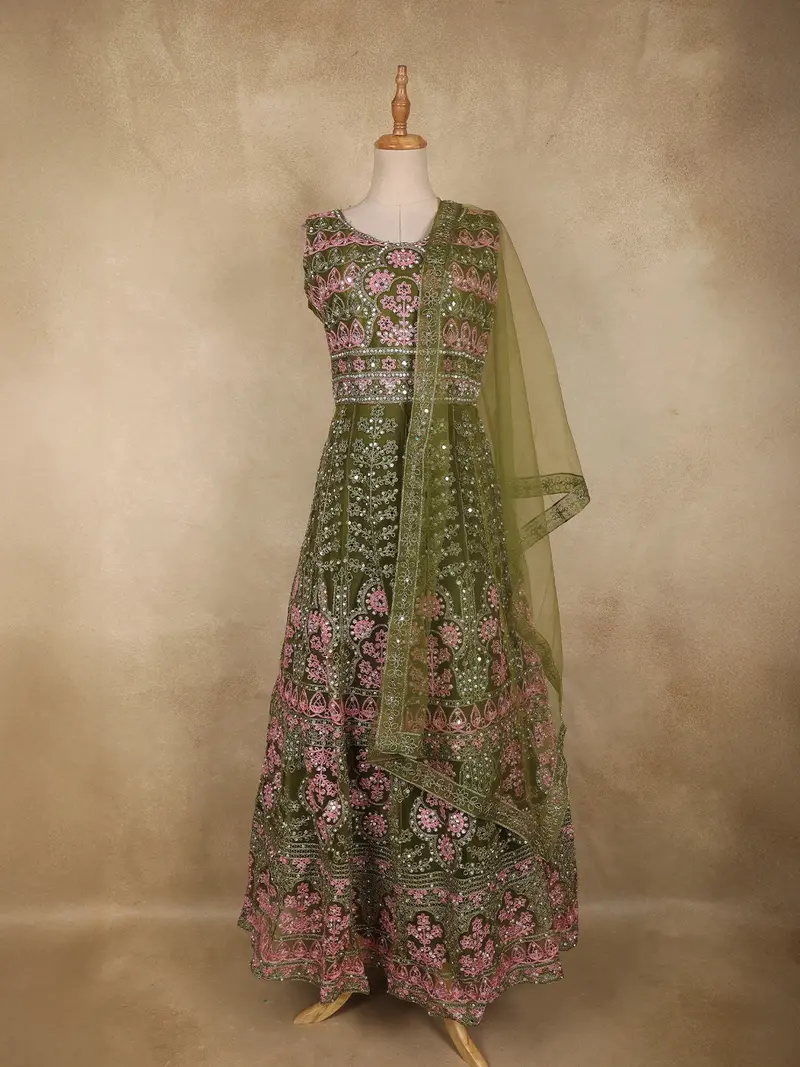 Olive Green Floral Thread Embroidered Design Net Bridesmaid Gown 1