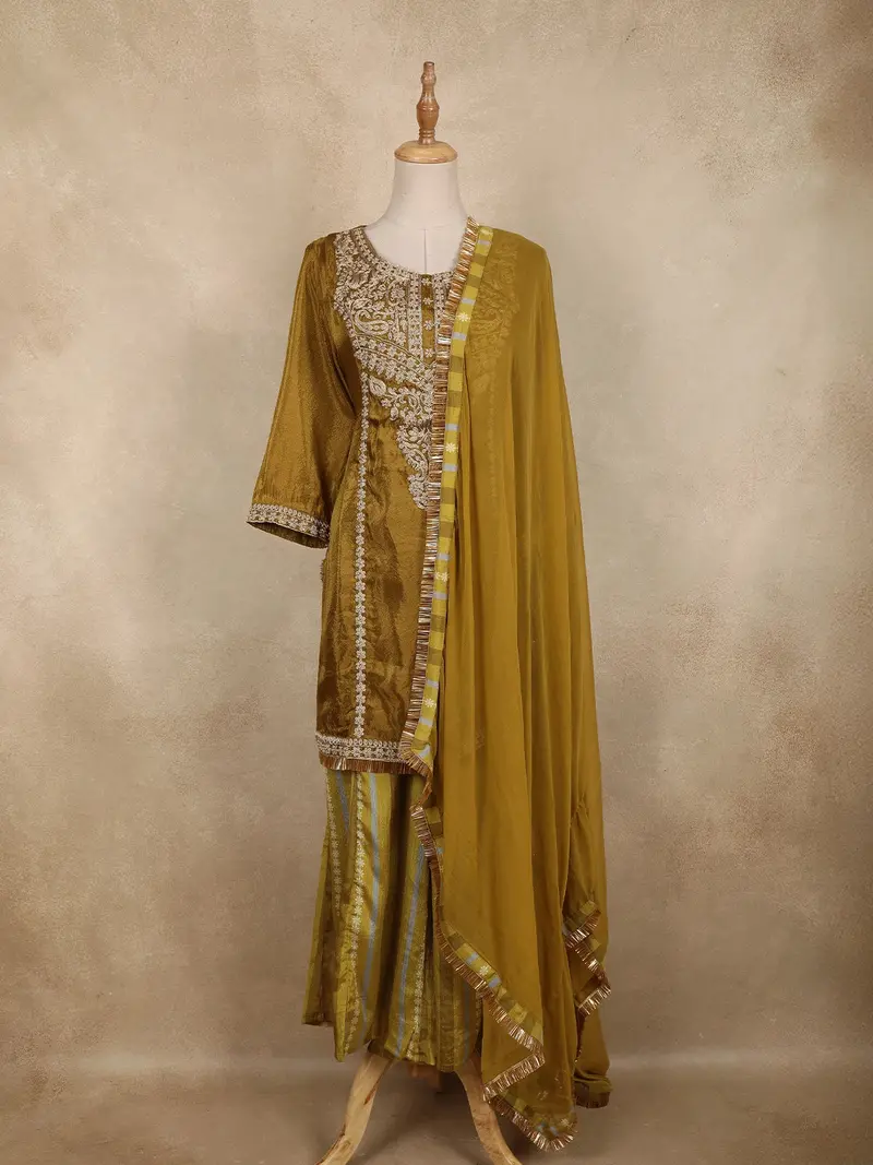 Olive Green Floral Thread Embroidered Tissue Silk Palazzo With Dupatta 1