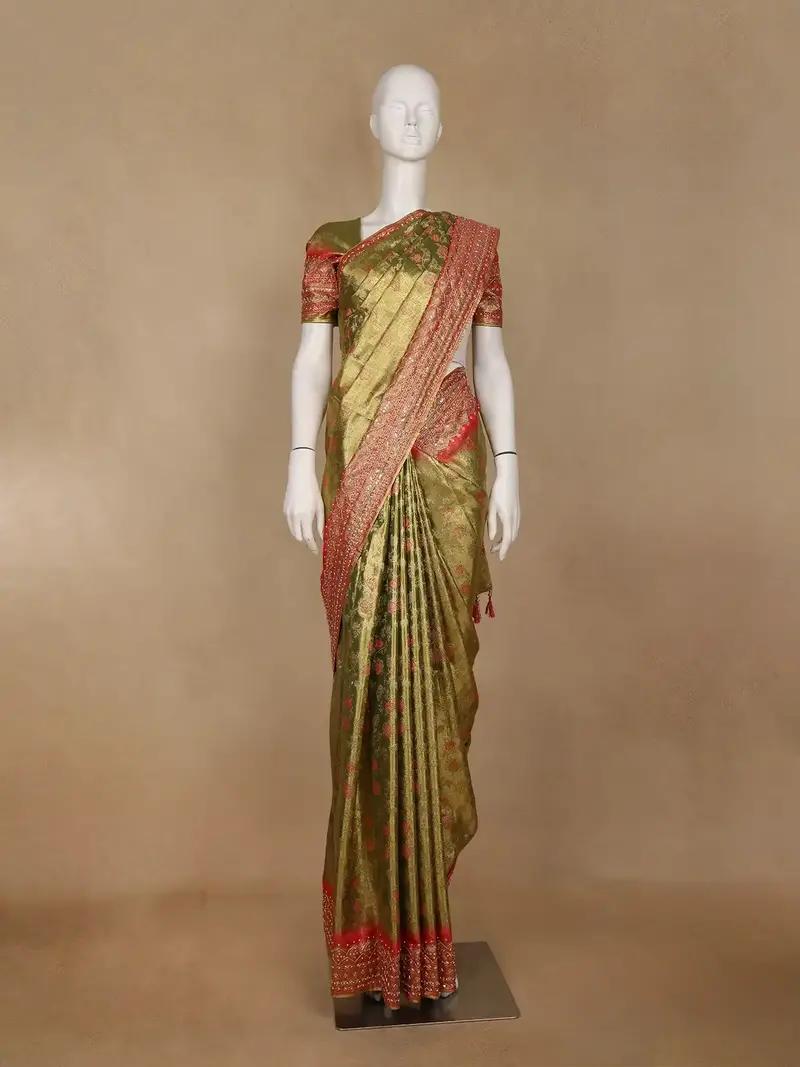 Olive Green Floral Woven Banarasi Silk Saree 1