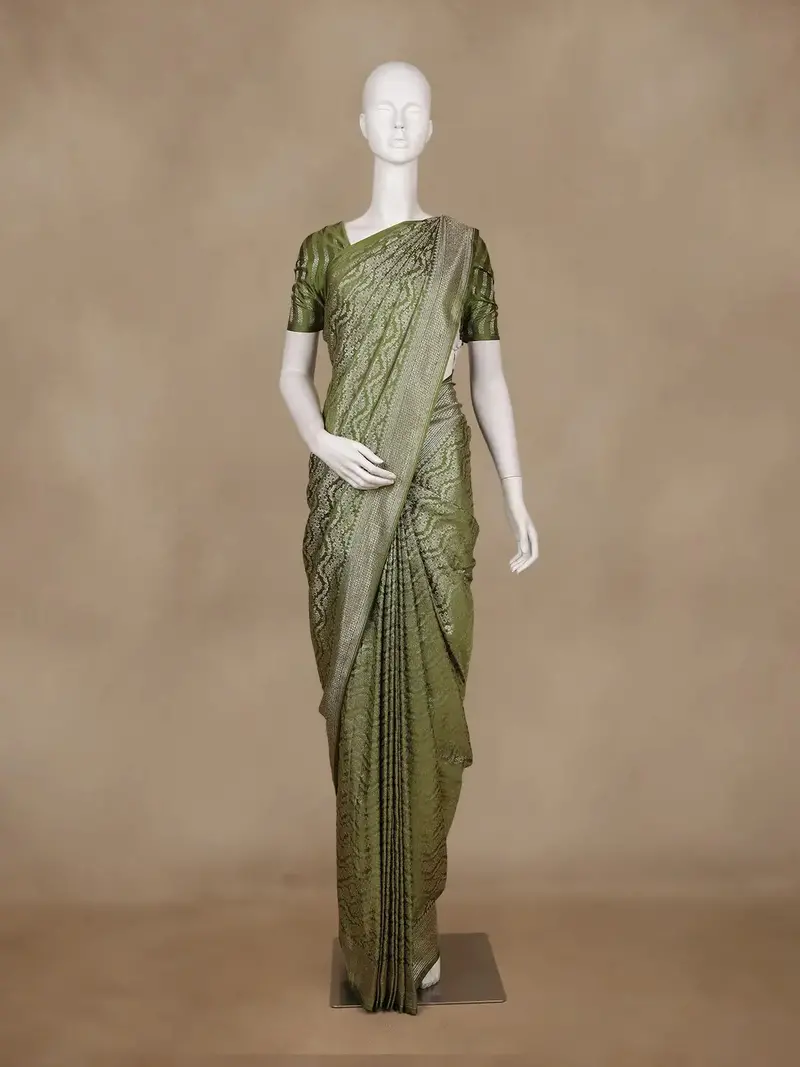 Olive Green Floral Woven Banarasi Silk Saree 1