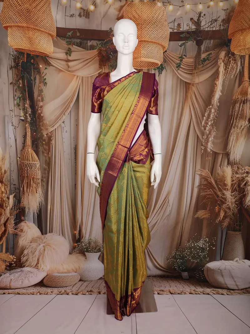Olive Green Floral Woven Design Pure Kanchipuram Silk Saree With Contrast Woven Border 1