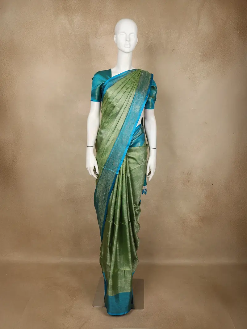 Olive Green Floral Woven Design Soft Silk Saree With Contrast Teal Blue Zari Border 1
