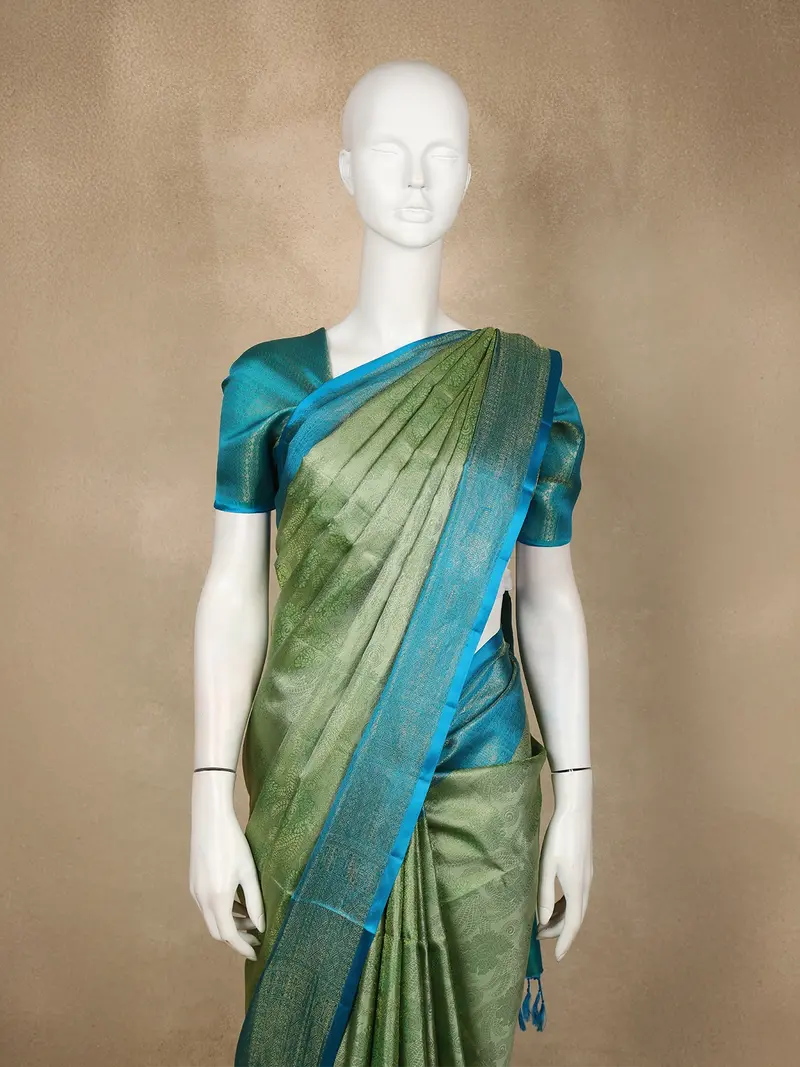 Olive Green Floral Woven Design Soft Silk Saree With Contrast Teal Blue Zari Border 2