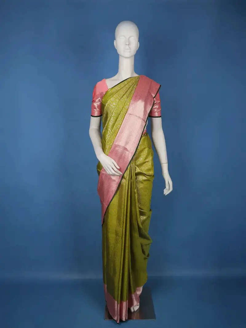 Olive Green Floral Woven Kanchipuram Silk Saree With Contrast Pink Zari Border 1