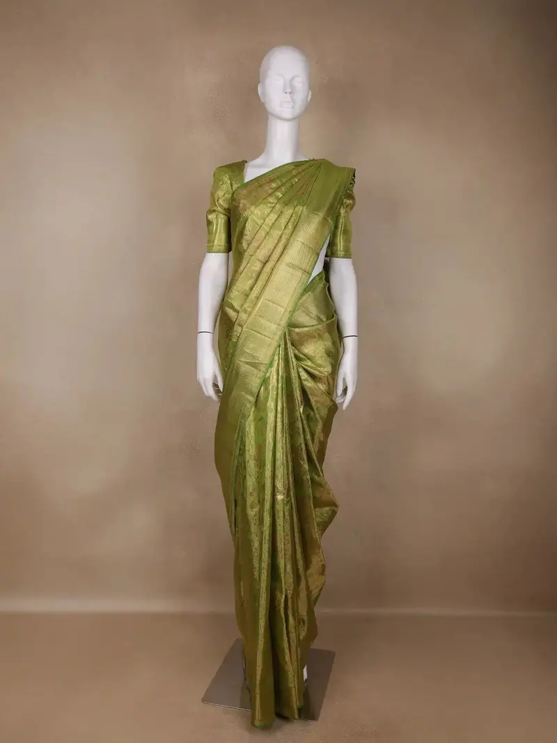 Olive Green Floral Woven Motifs Pure Kanchipuram Tissue Silk Saree 1